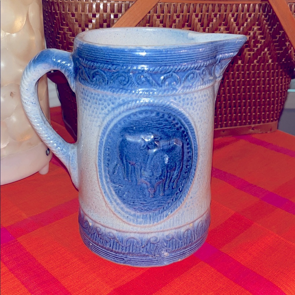 Rare Find Antique Blue & White Salt Glazed Water Pitcher